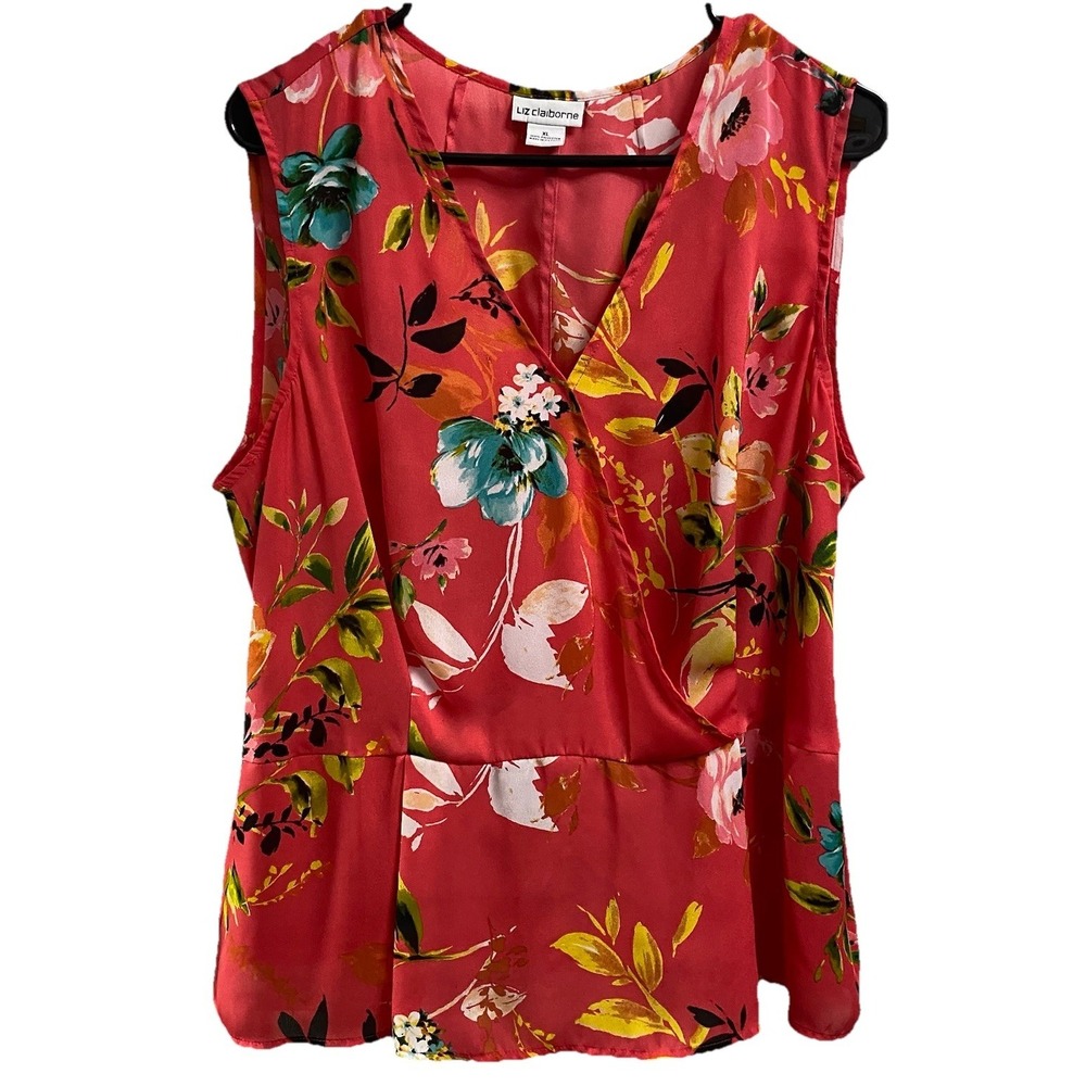 Liz Claiborne Women Orange Floral Peplum V-Neck Sleeveless side-zip Blouse XL